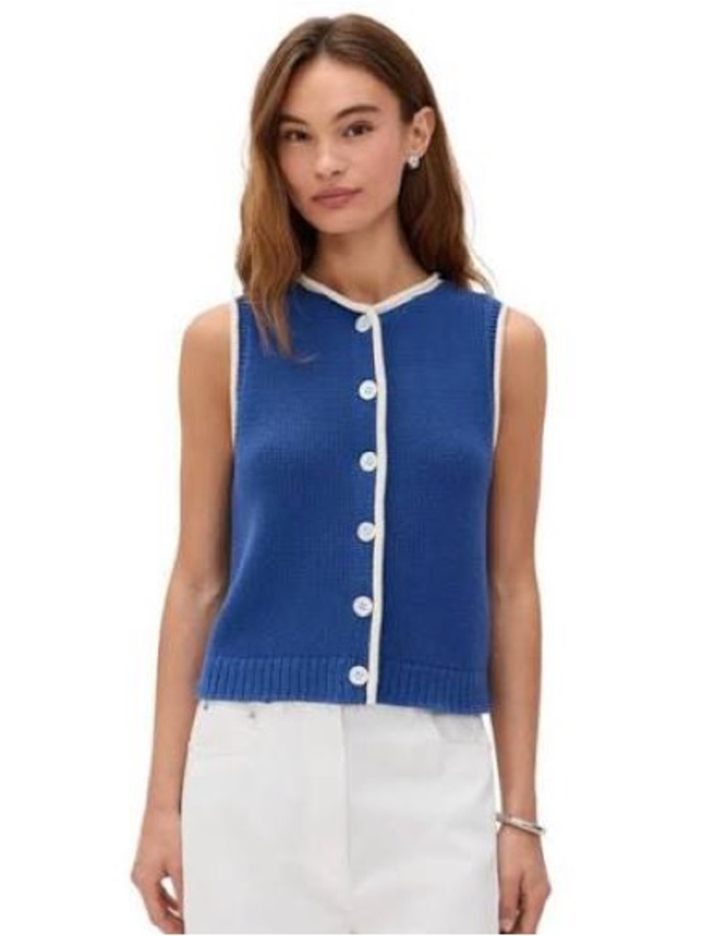 Alex Mill Blue Sleeveless Button-Front Knit Vest with White Trim